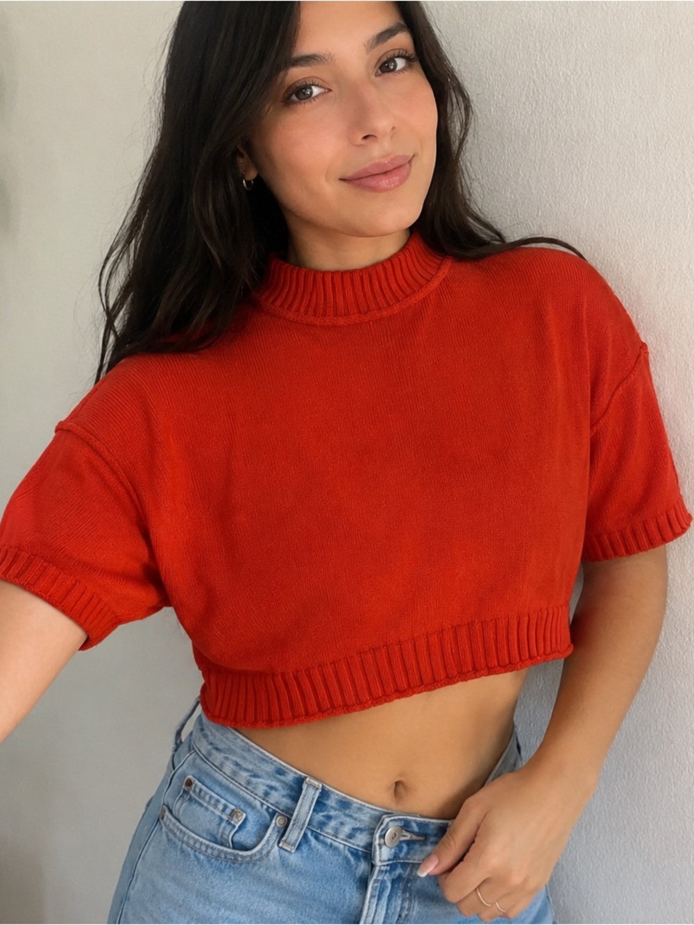Anthropologie Ribbed Mock-Neck Cropped Top in Bright Orange